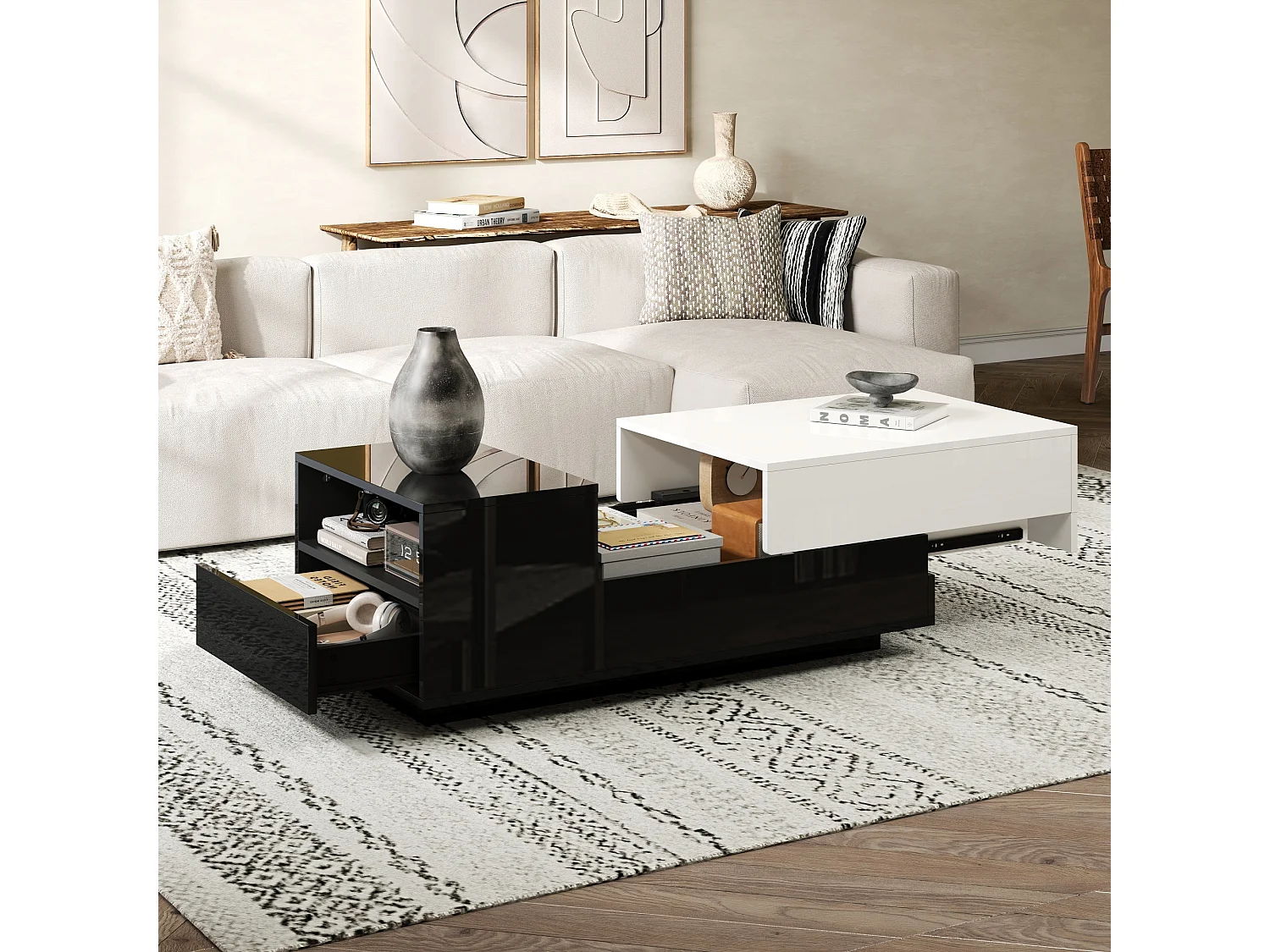 Table basse rectangulaire avec plateau coulissant et 1 tiroir de rangement - noir et blanc