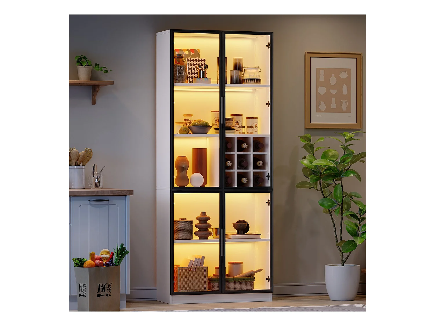 Vitrine LED avec étagères de rangement et casier à vin, blanche - pour salons et bureaux