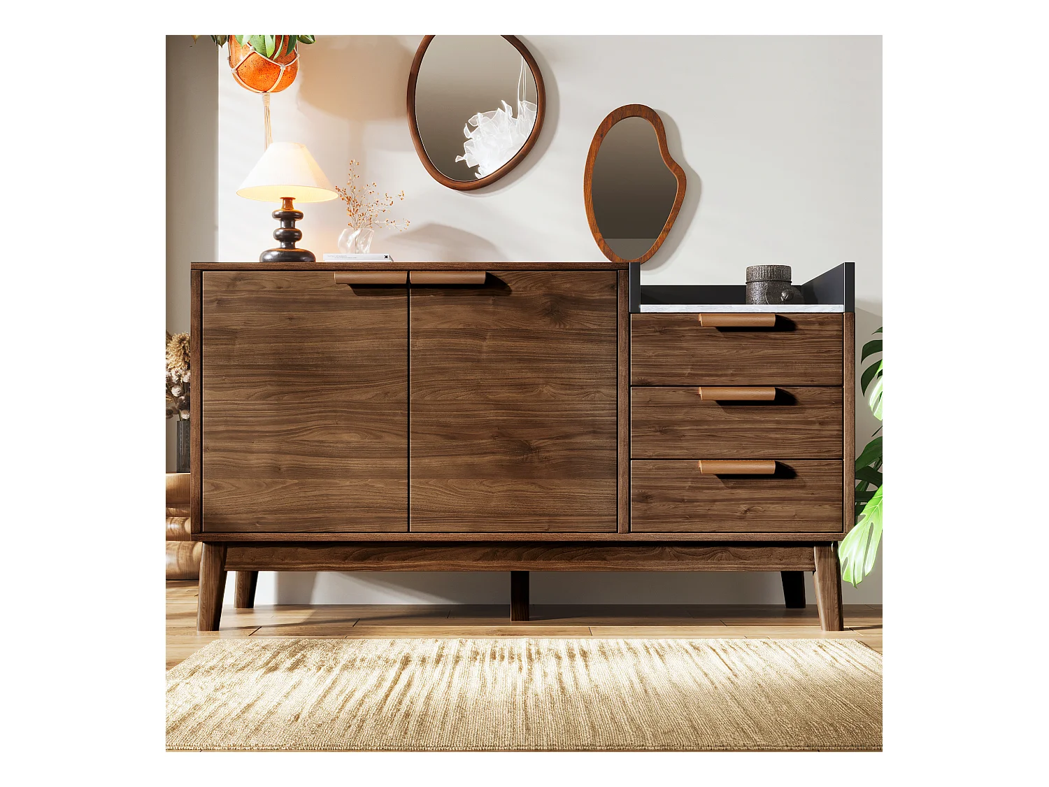 Buffet naturel avec 3 tiroirs de rangement et 2 portes, étagères réglables - pieds en bois