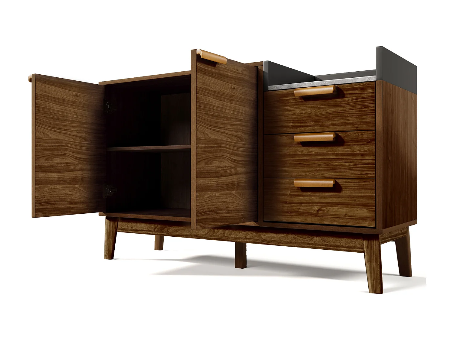 Buffet naturel avec 3 tiroirs de rangement et 2 portes, étagères réglables - pieds en bois