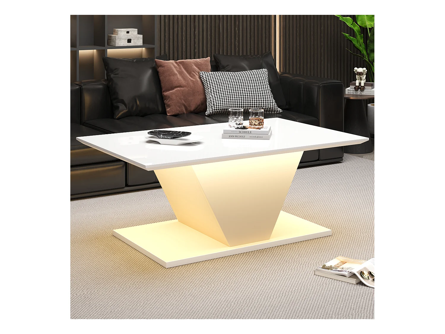 Table basse blanche avec éclairage LED réglable, design en forme de V - pour salon et bureau