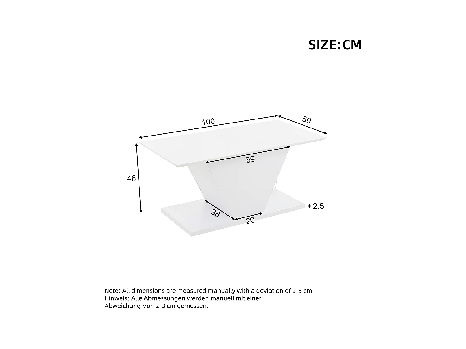 Table basse blanche avec éclairage LED réglable, design en forme de V - pour salon et bureau