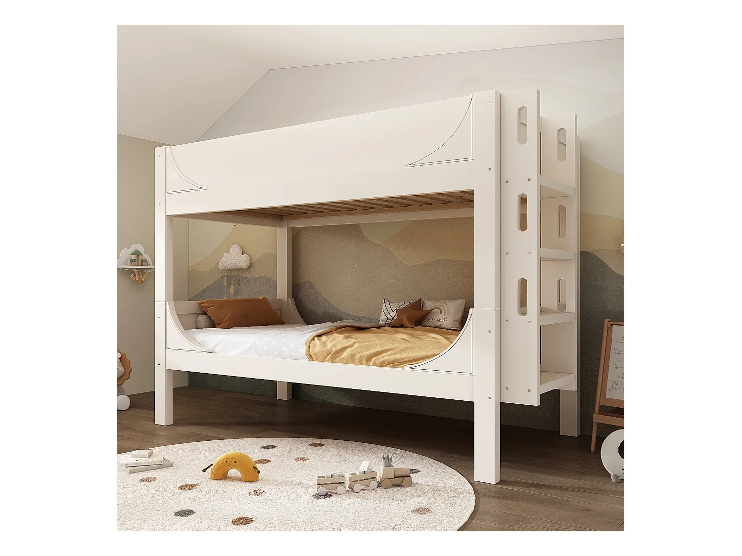 Lit superposé séparable 90x200 cm avec escalier et sommier à lattes, blanc - sans matelas