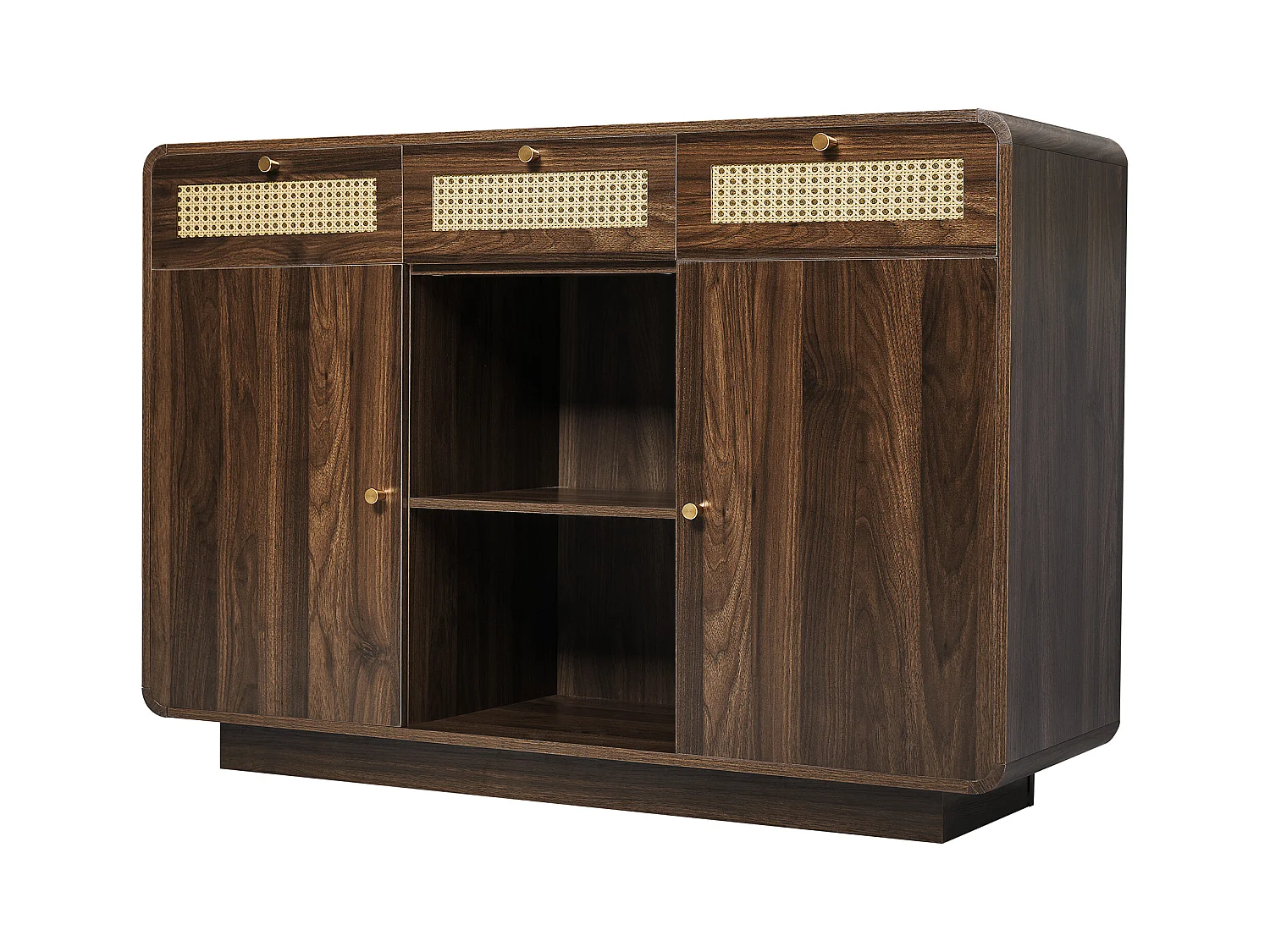 Buffet en noyer avec 2 portes et 3 tiroirs en rotin, étagères réglables en hauteur - pour salon