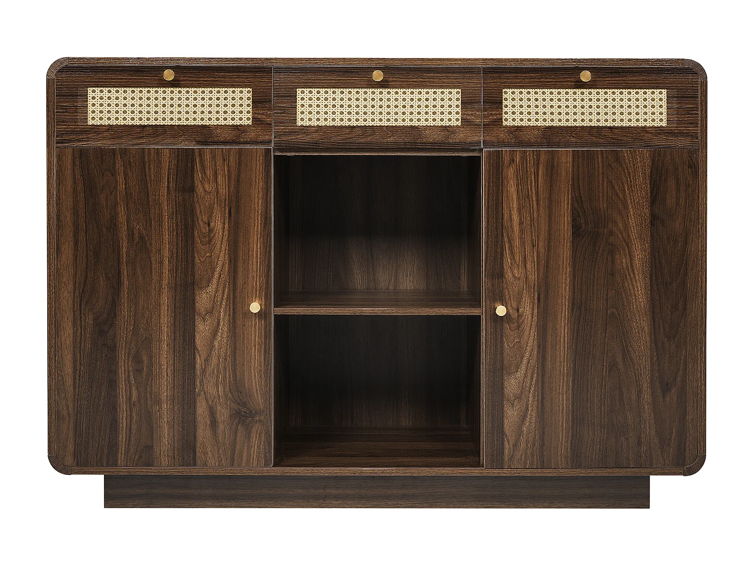 Buffet en noyer avec 2 portes et 3 tiroirs en rotin, étagères réglables en hauteur - pour salon