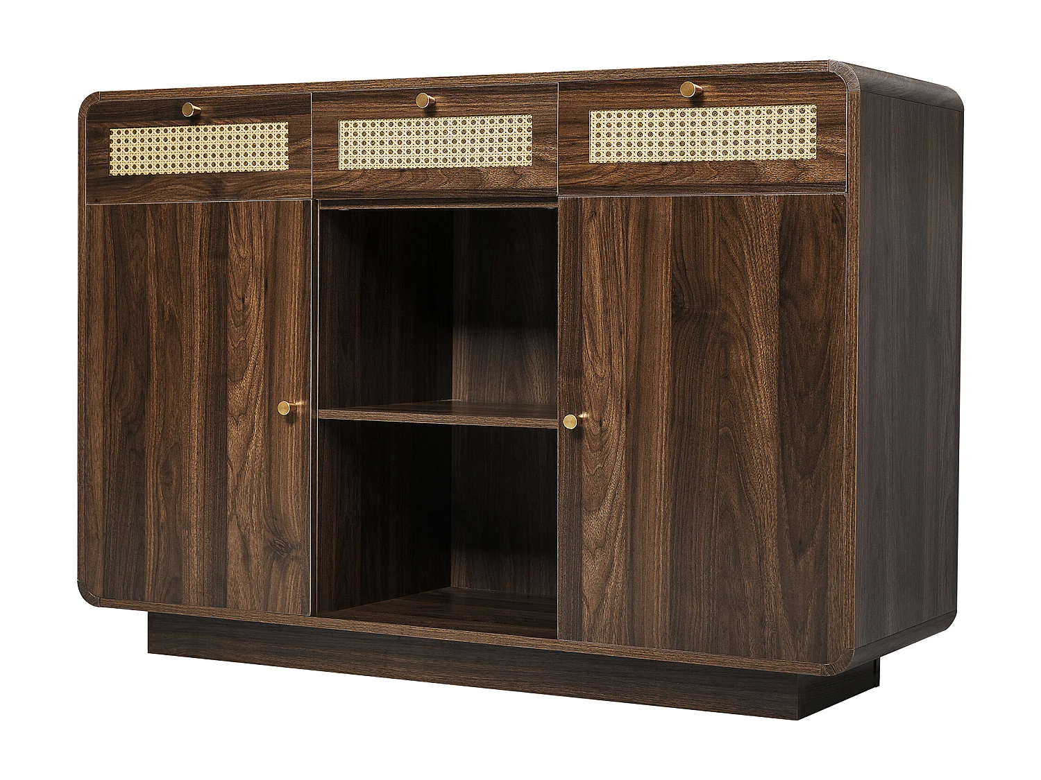 Buffet en noyer avec 2 portes et 3 tiroirs en rotin, étagères réglables en hauteur - pour salon