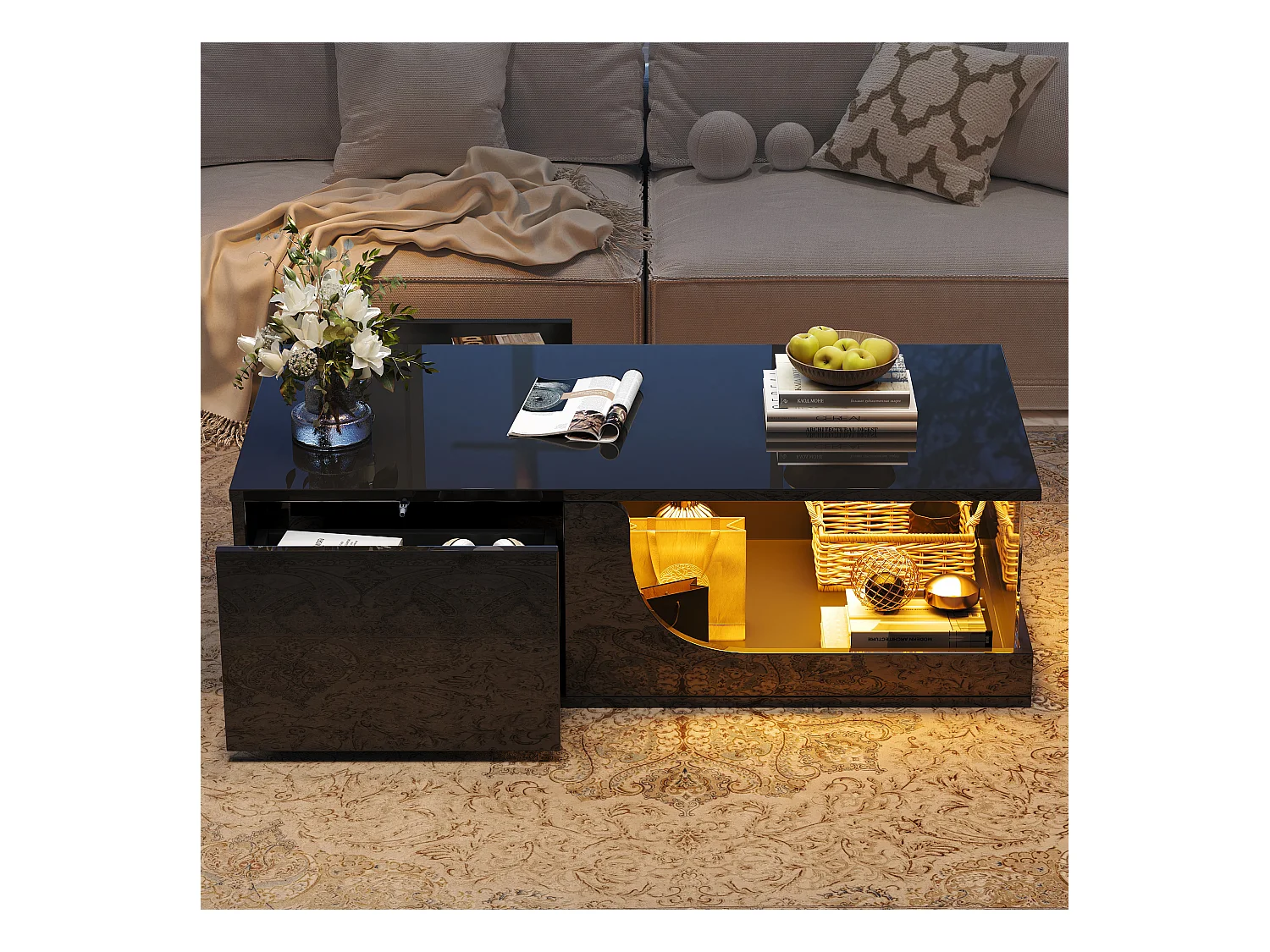 Table basse noire avec 2 tiroirs de rangement et éclairage LED réglable - pour salon