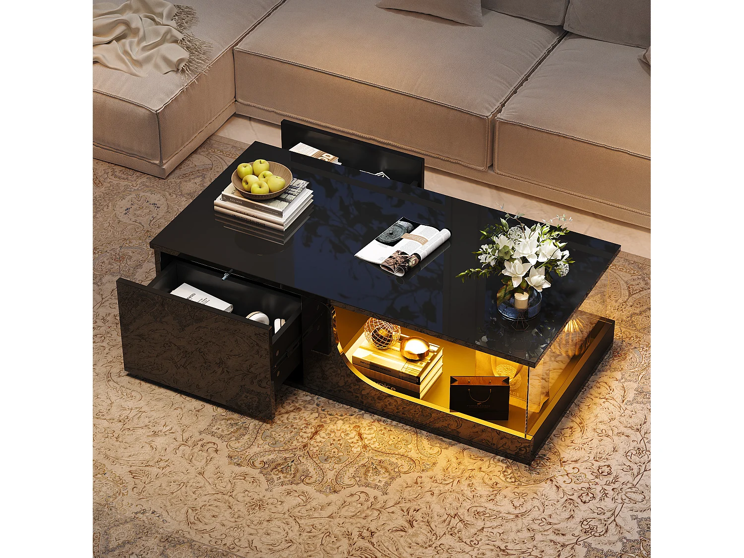 Table basse noire avec 2 tiroirs de rangement et éclairage LED réglable - pour salon