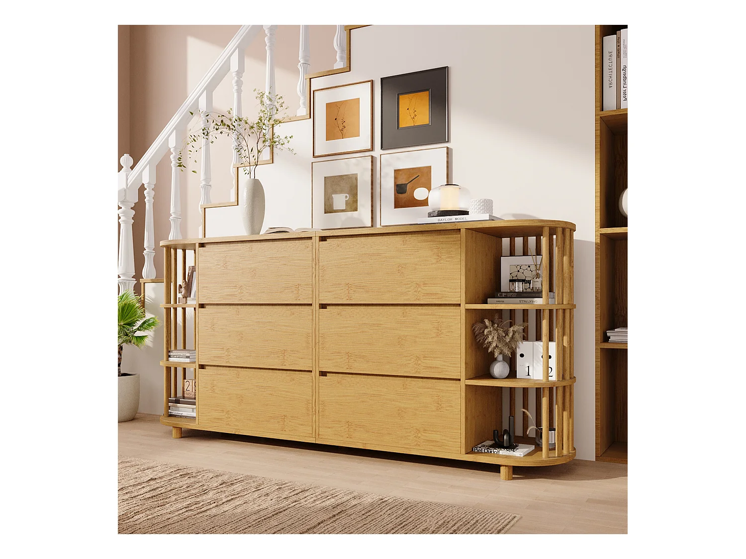 Buffet en chêne avec 6 tiroirs de rangement et étagères, pieds réglables - style contemporain