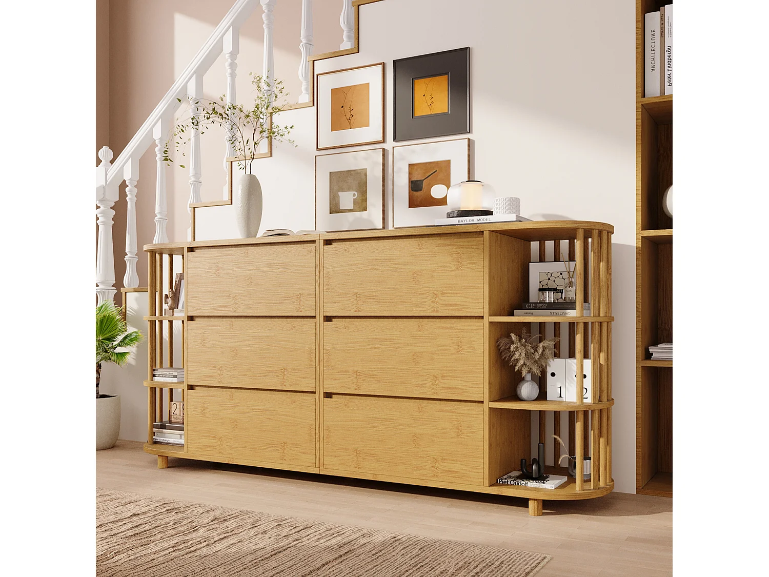 Buffet en chêne avec 6 tiroirs de rangement et étagères, pieds réglables - style contemporain