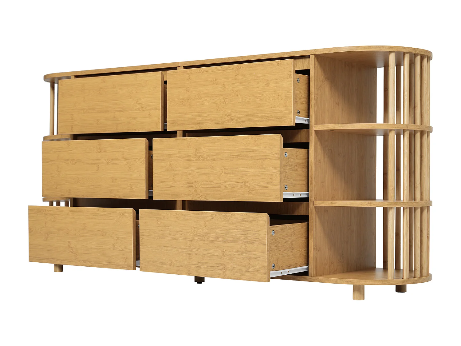 Buffet en chêne avec 6 tiroirs de rangement et étagères, pieds réglables - style contemporain