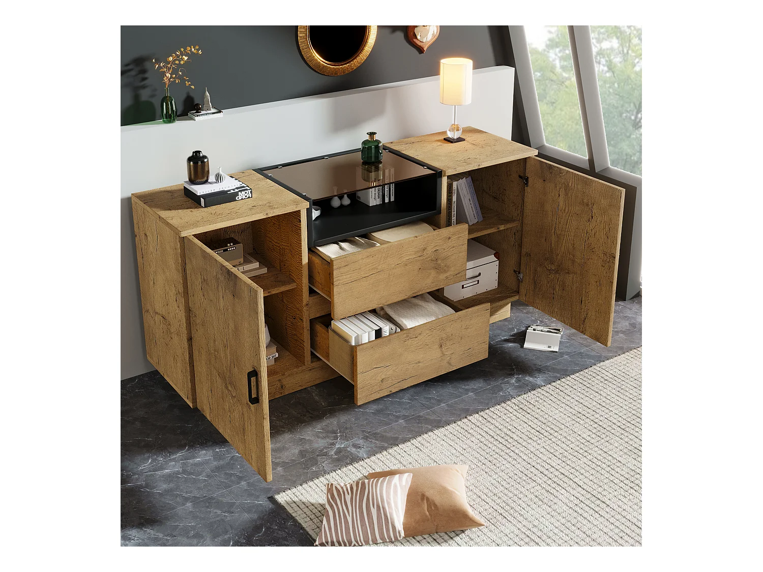 Buffet aspect chêne avec 2 tiroirs et 2 portes, étagères réglables - poignées noires