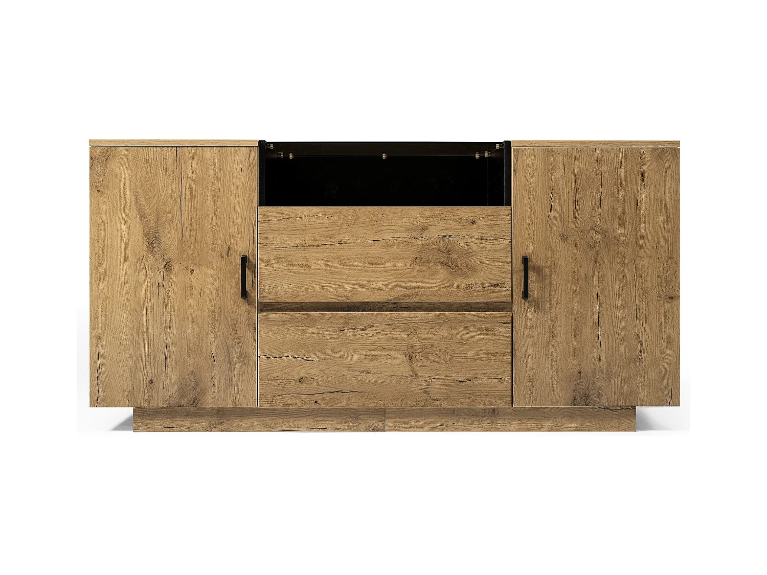 Buffet aspect chêne avec 2 tiroirs et 2 portes, étagères réglables - poignées noires