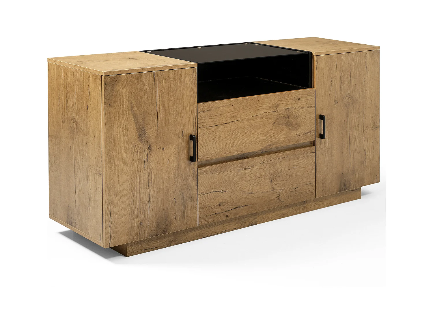 Buffet aspect chêne avec 2 tiroirs et 2 portes, étagères réglables - poignées noires