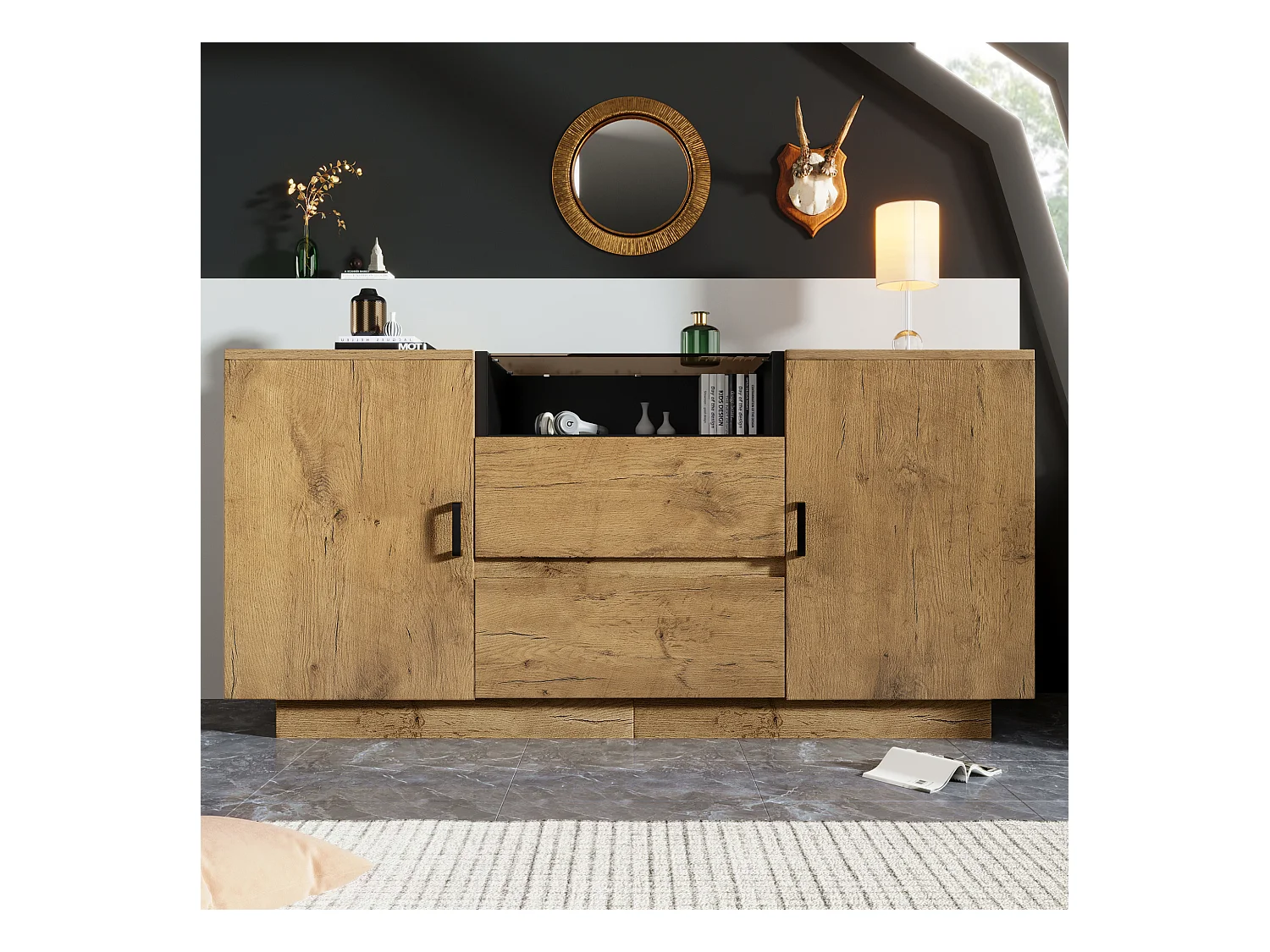 Buffet aspect chêne avec 2 tiroirs et 2 portes, étagères réglables - poignées noires