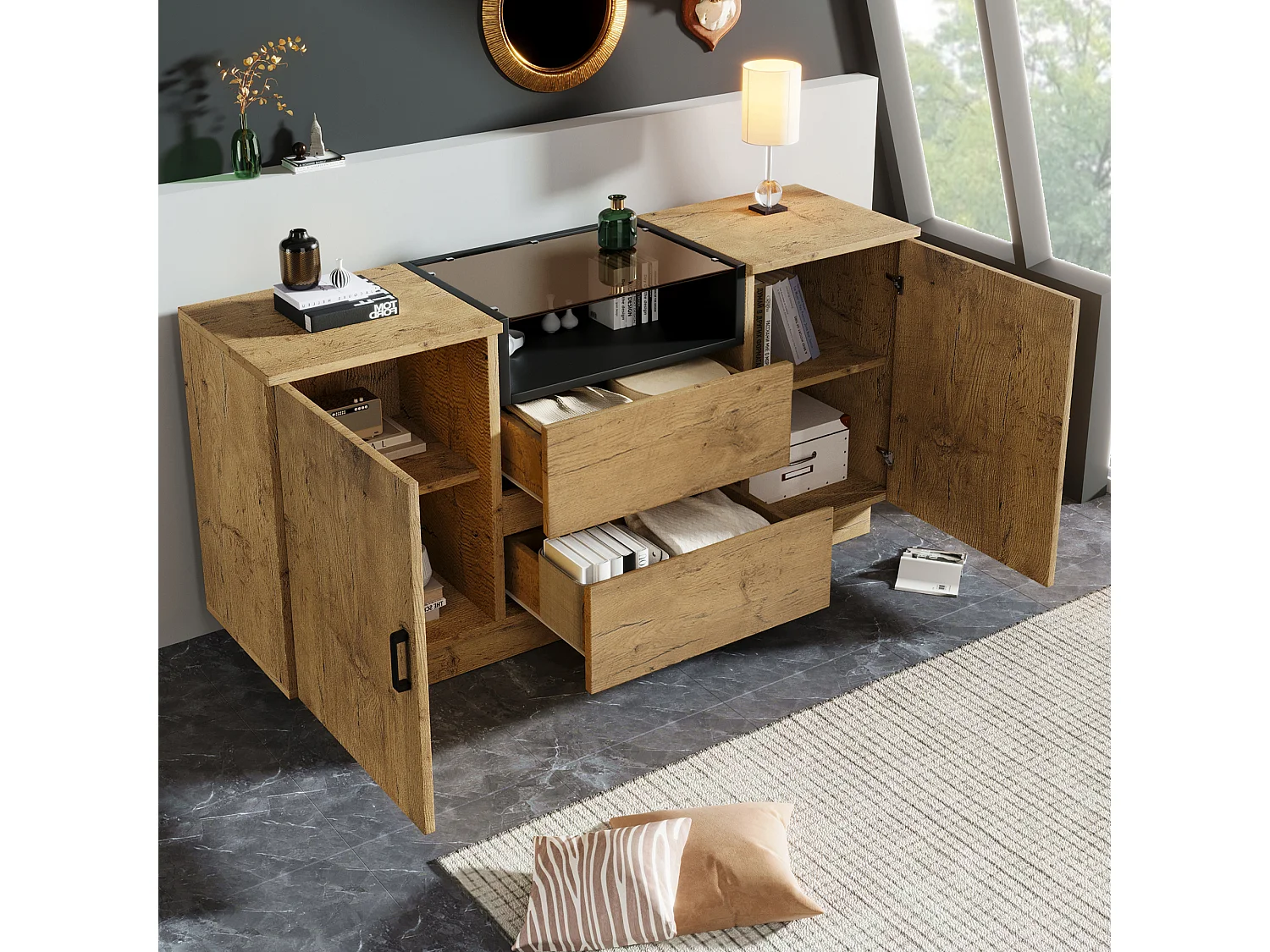 Buffet aspect chêne avec 2 tiroirs et 2 portes, étagères réglables - poignées noires