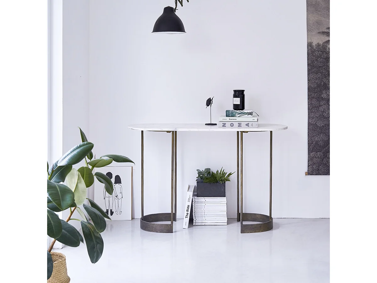 Ovale Konsole aus Metall mit heller Marmorplatte und Metallstruktur 120 cm Gusta