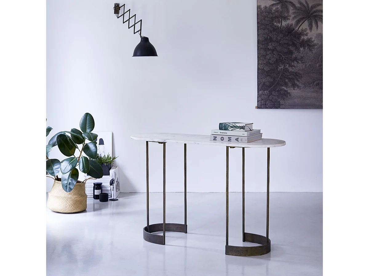 Ovale Konsole aus Metall mit heller Marmorplatte und Metallstruktur 120 cm Gusta
