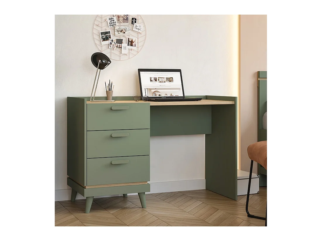 Bureau style scandinave NOKI – 3 tiroirs – Vert et bois – 120x80x50 cm