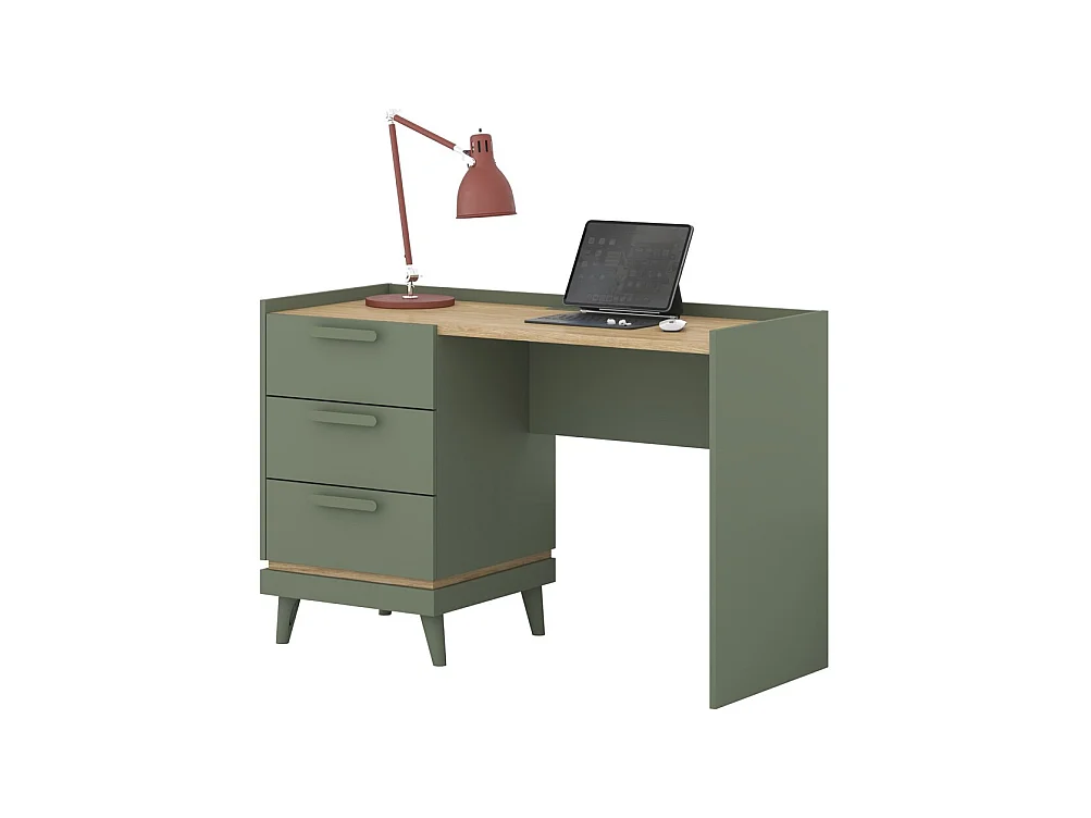 Bureau style scandinave NOKI – 3 tiroirs – Vert et bois – 120x80x50 cm