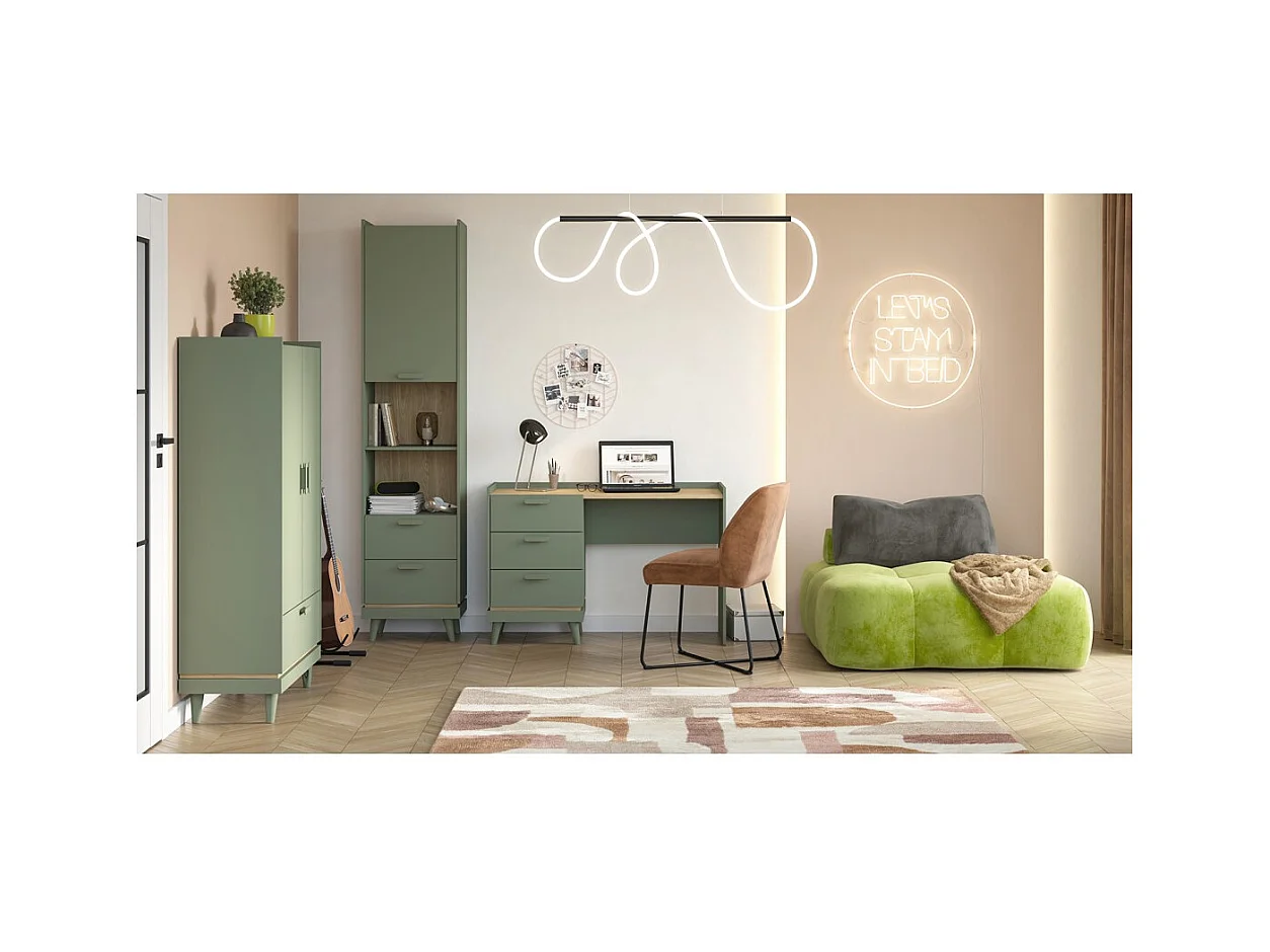 Bureau style scandinave NOKI – 3 tiroirs – Vert et bois – 120x80x50 cm