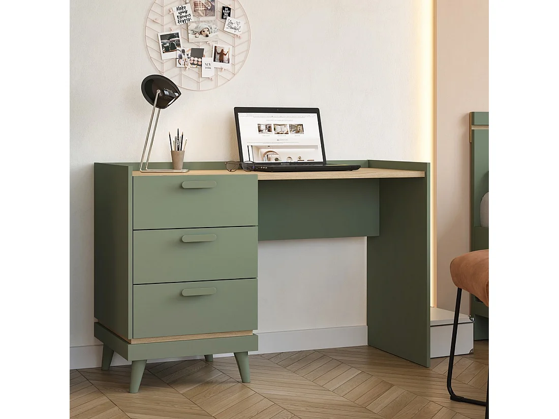 Bureau style scandinave NOKI – 3 tiroirs – Vert et bois – 120x80x50 cm