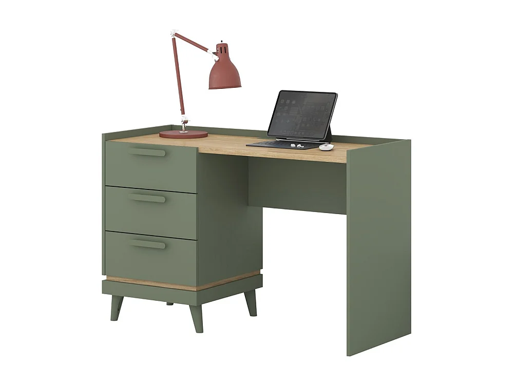 Bureau style scandinave NOKI – 3 tiroirs – Vert et bois – 120x80x50 cm