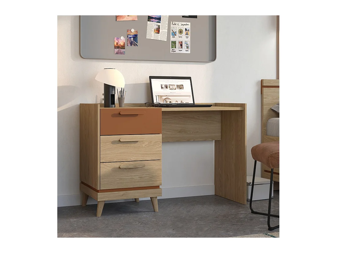 Bureau scandinave NOKI – Chêne clair et moka – 3 tiroirs de rangement