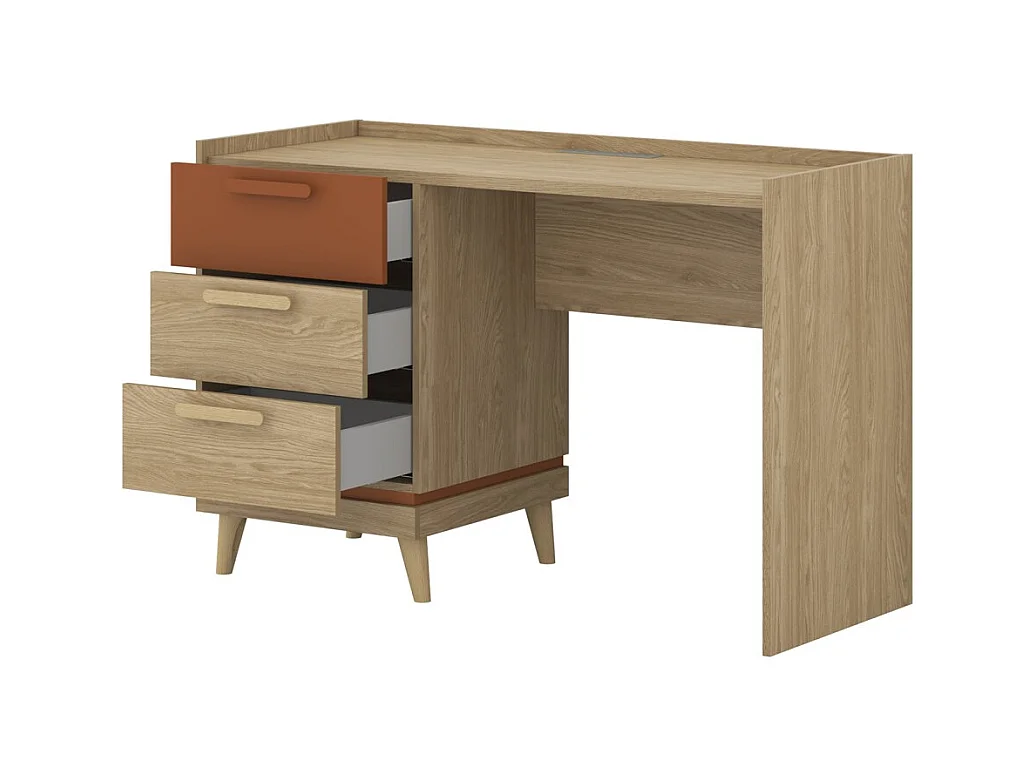 Bureau scandinave NOKI – Chêne clair et moka – 3 tiroirs de rangement