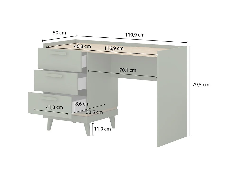 Bureau scandinave NOKI – Chêne clair et moka – 3 tiroirs de rangement