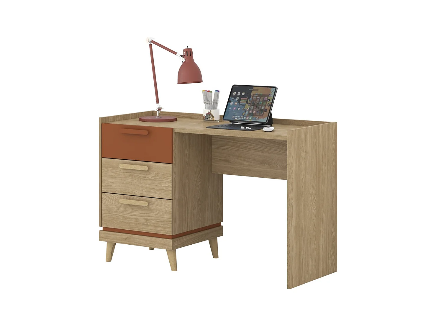 Bureau scandinave NOKI – Chêne clair et moka – 3 tiroirs de rangement
