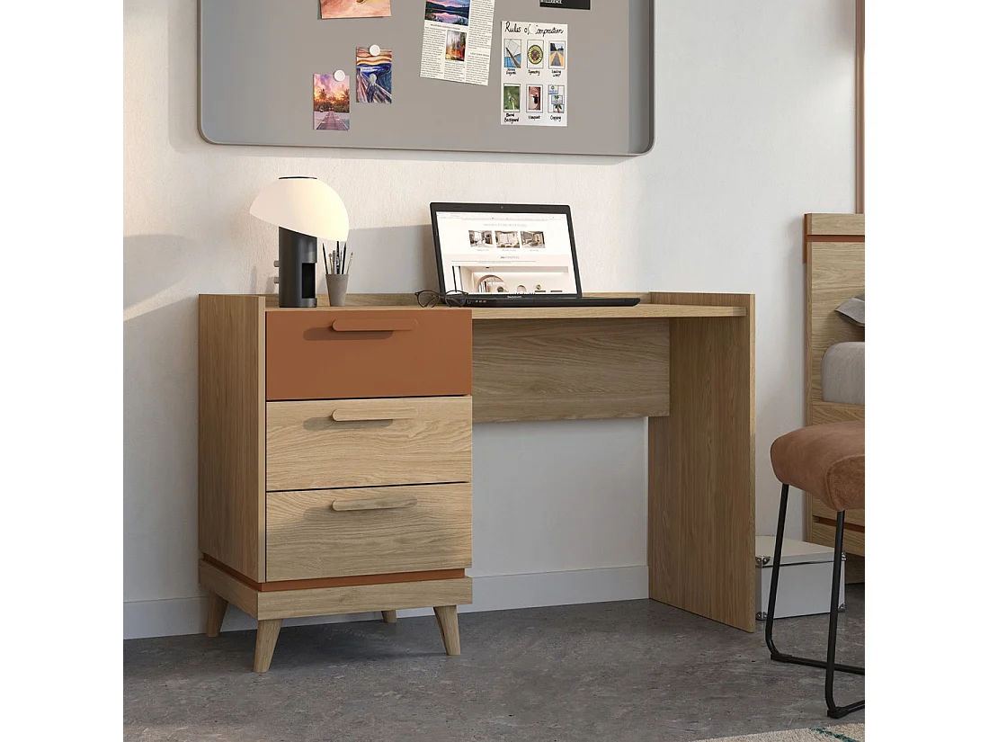 Bureau scandinave NOKI – Chêne clair et moka – 3 tiroirs de rangement