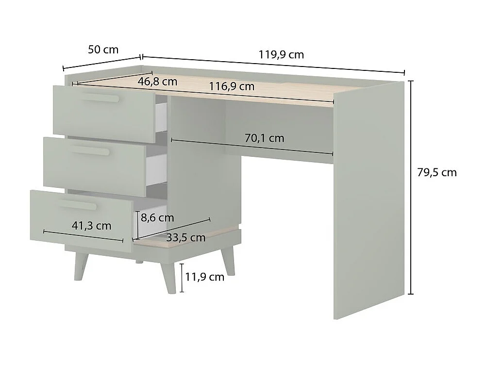 Bureau scandinave NOKI – Chêne clair et moka – 3 tiroirs de rangement
