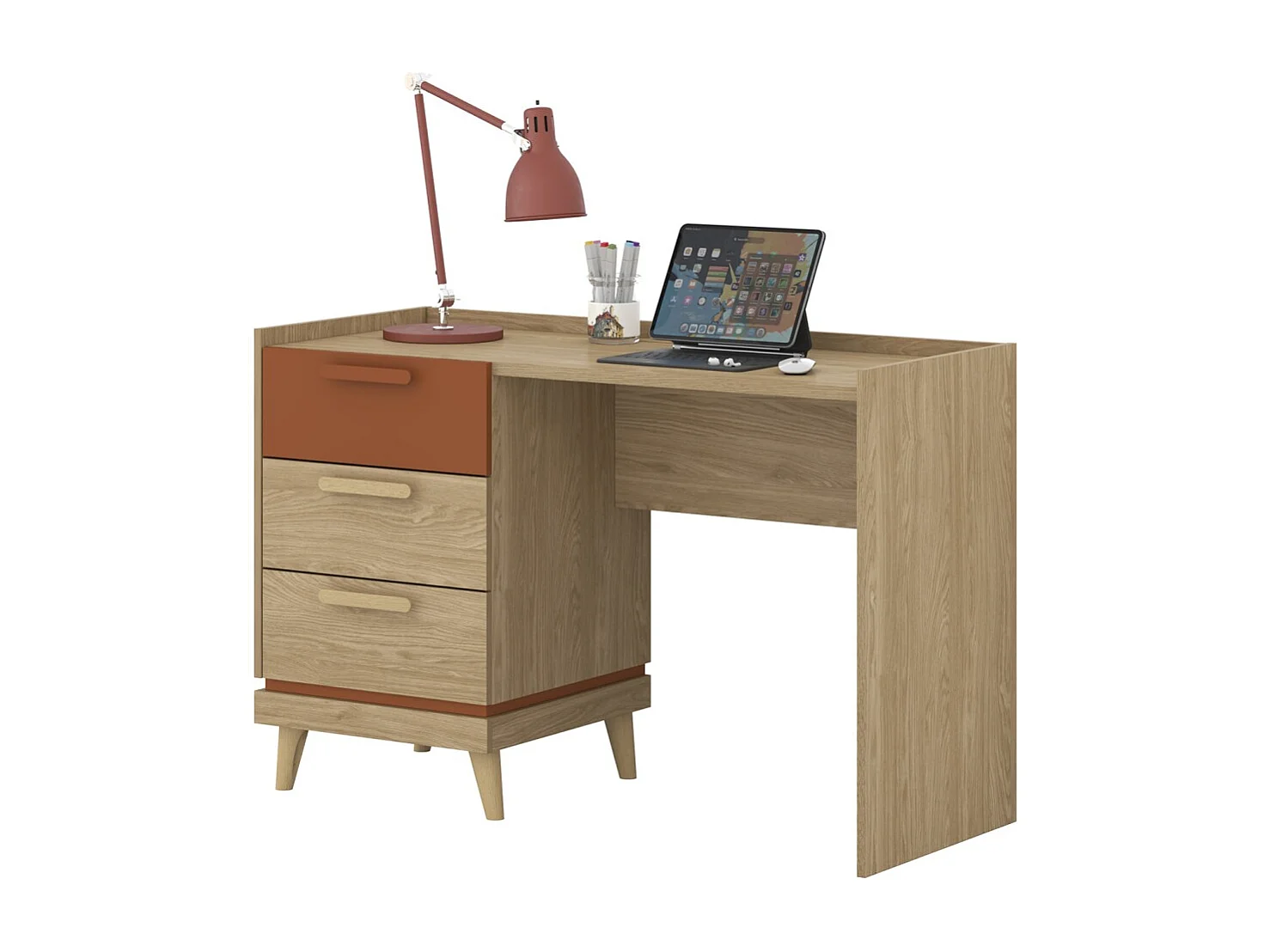 Bureau scandinave NOKI – Chêne clair et moka – 3 tiroirs de rangement