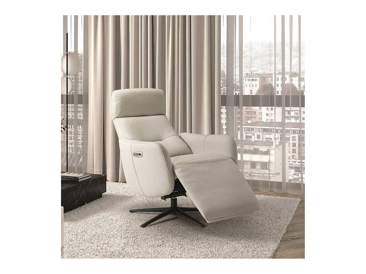 Fauteuil relax électrique pivotant avec têtière manuelle tout cuir gris clair - REANE