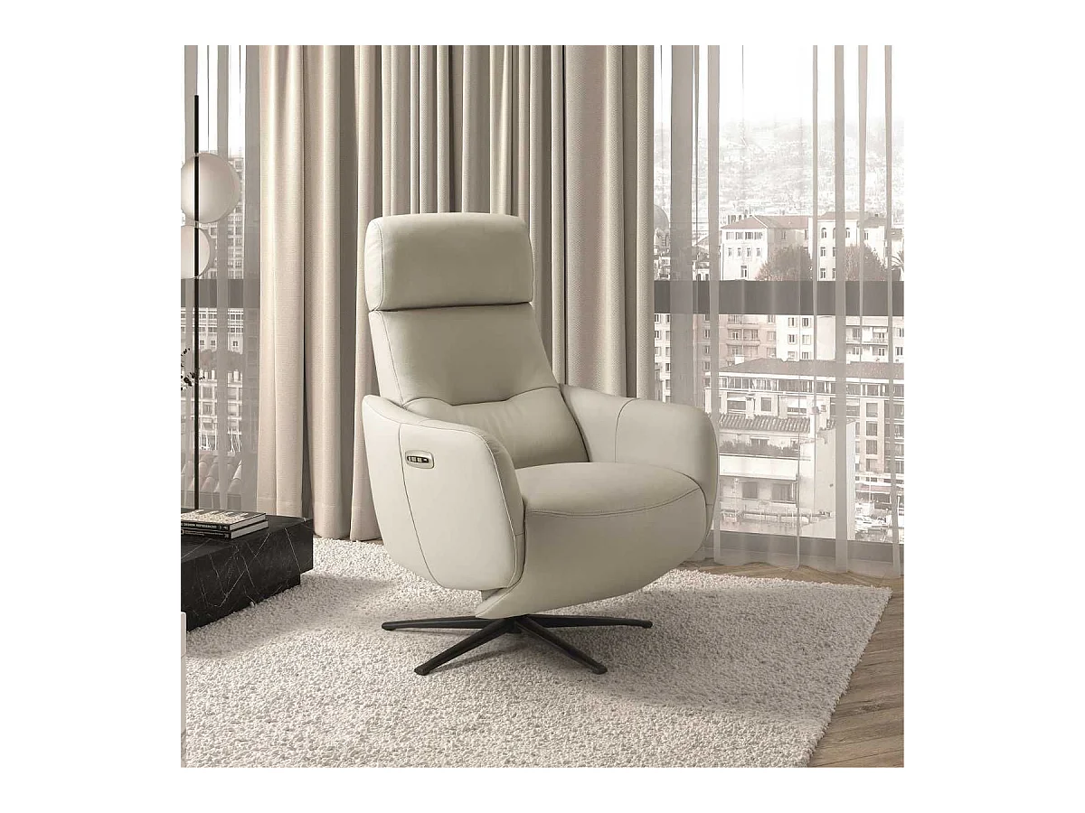 Fauteuil relax électrique pivotant avec têtière manuelle tout cuir gris clair - REANE