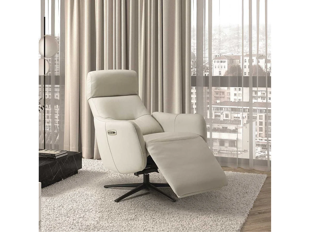 Fauteuil relax électrique pivotant avec têtière manuelle tout cuir gris clair - REANE