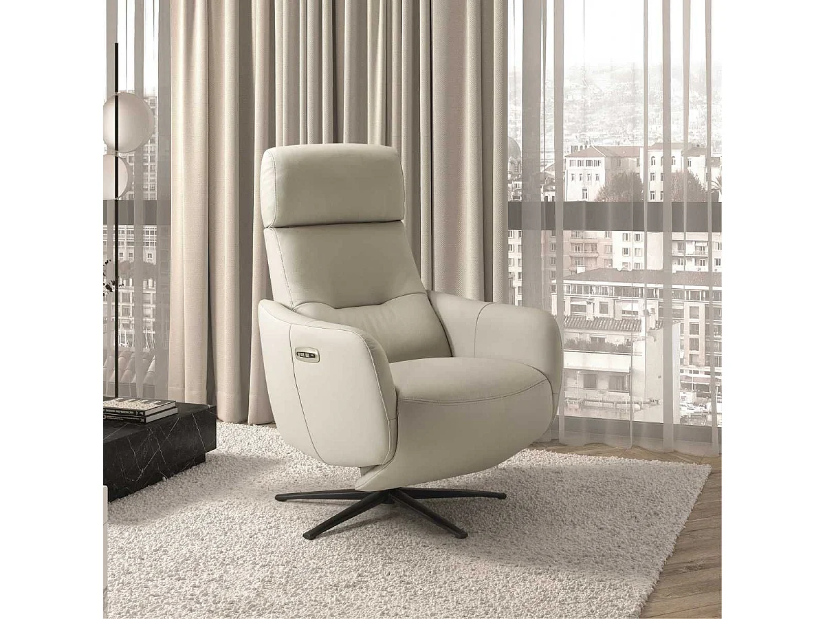 Fauteuil relax électrique pivotant avec têtière manuelle tout cuir gris clair - REANE