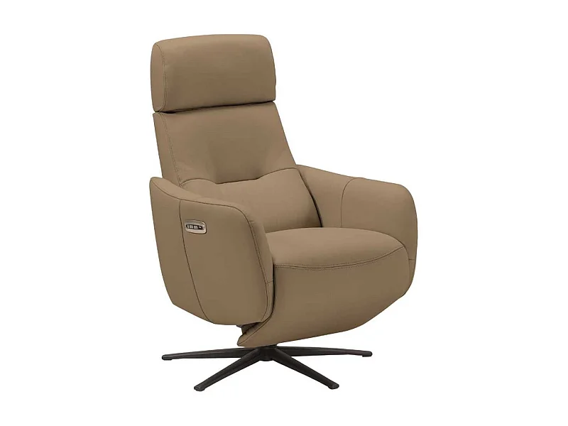 Fauteuil relax électrique pivotant avec têtière manuelle tout cuir marron clair - REANE