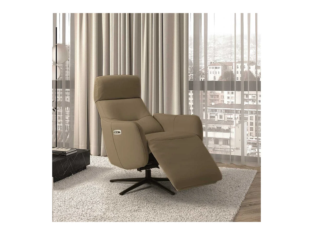 Fauteuil relax électrique pivotant avec têtière manuelle tout cuir marron clair - REANE