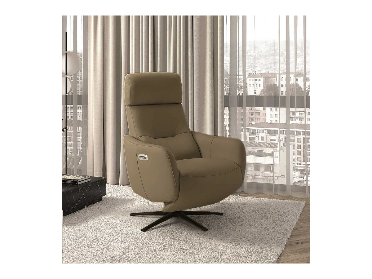 Fauteuil relax électrique pivotant avec têtière manuelle tout cuir marron clair - REANE