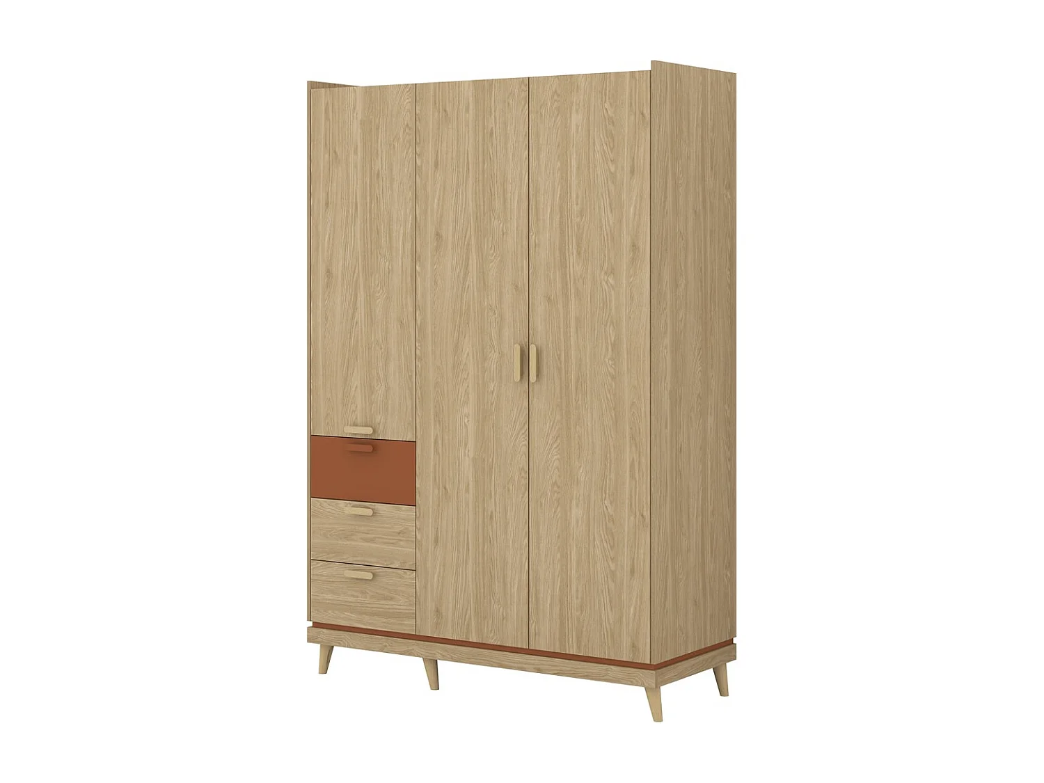 Ensemble chambre NOKI – Lit 180x200 + armoire 3 portes + commode + 2 chevets – Chêne clair et moka style scandinave