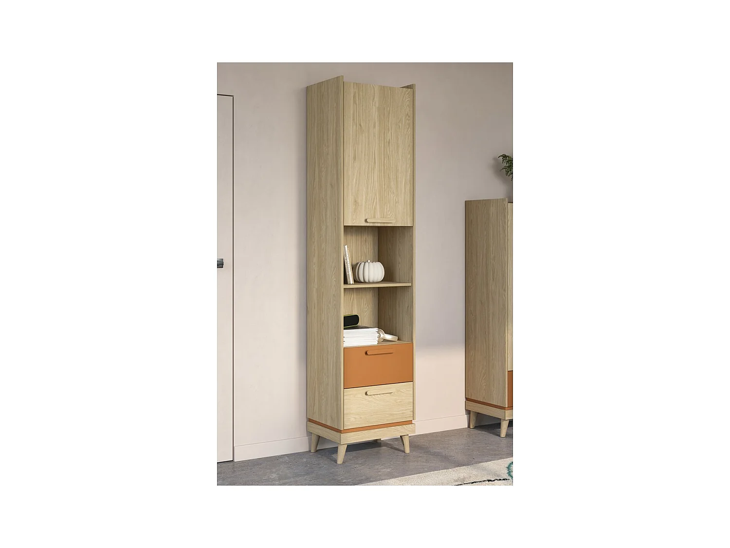 Bibliothèque NOKI – Chêne clair et moka – 1 porte + 2 tiroirs style scandinave