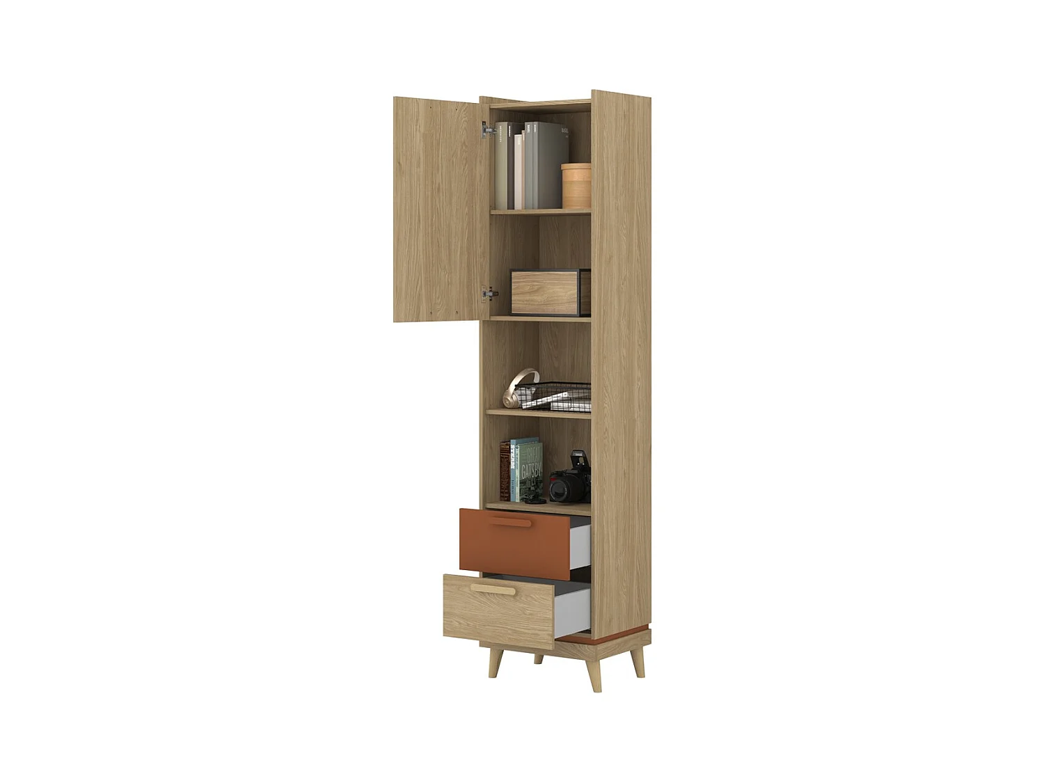Bibliothèque NOKI – Chêne clair et moka – 1 porte + 2 tiroirs style scandinave