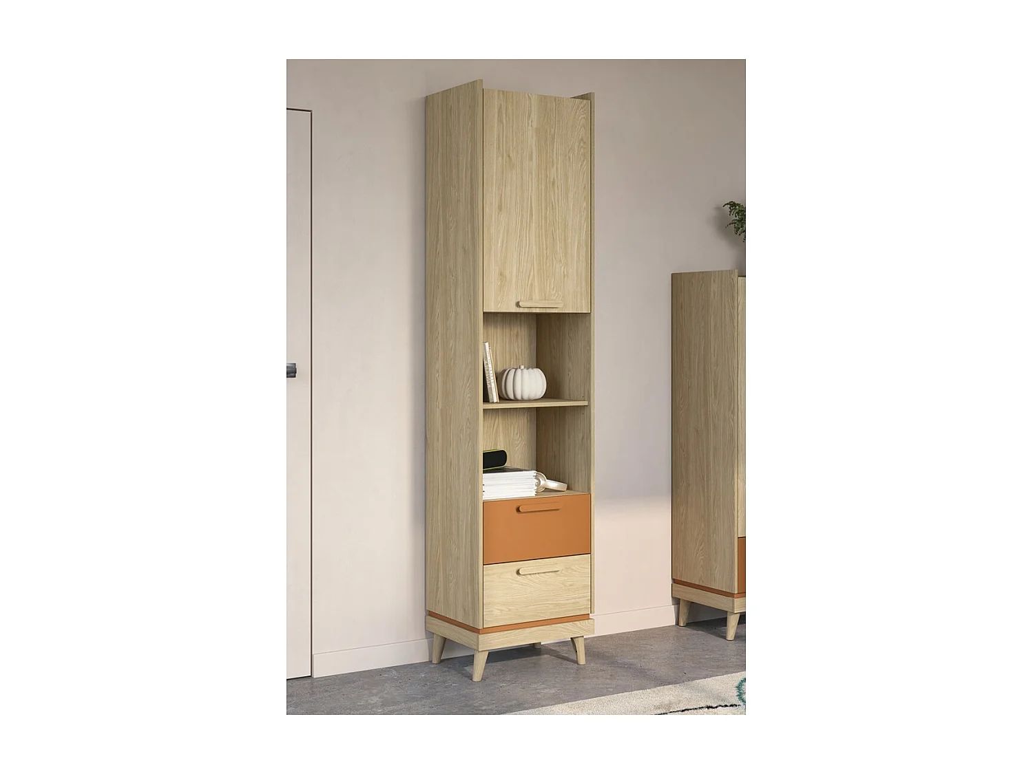 Bibliothèque NOKI – Chêne clair et moka – 1 porte + 2 tiroirs style scandinave