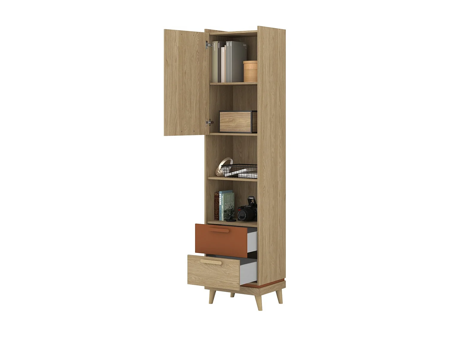 Bibliothèque NOKI – Chêne clair et moka – 1 porte + 2 tiroirs style scandinave