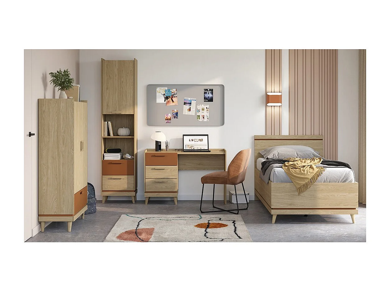 Bibliothèque NOKI – Chêne clair et moka – 1 porte + 2 tiroirs style scandinave