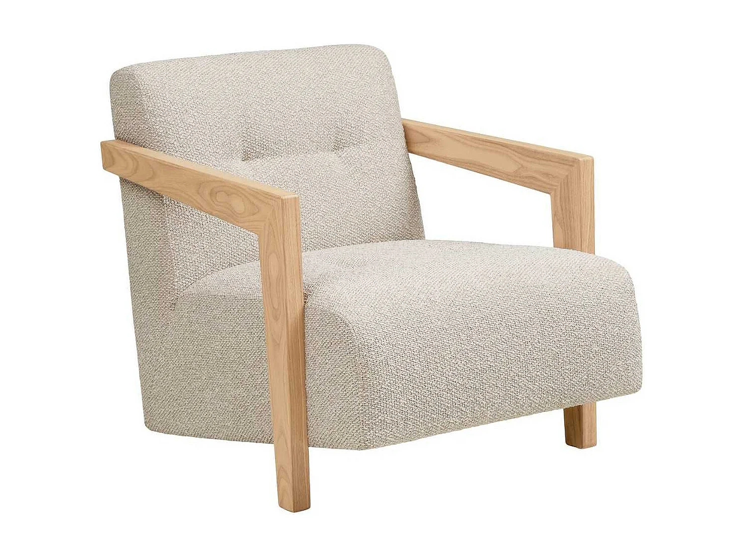 Fauteuil lounge vintage en tissu bouclette beige et accoudoirs en bois - FERNAND