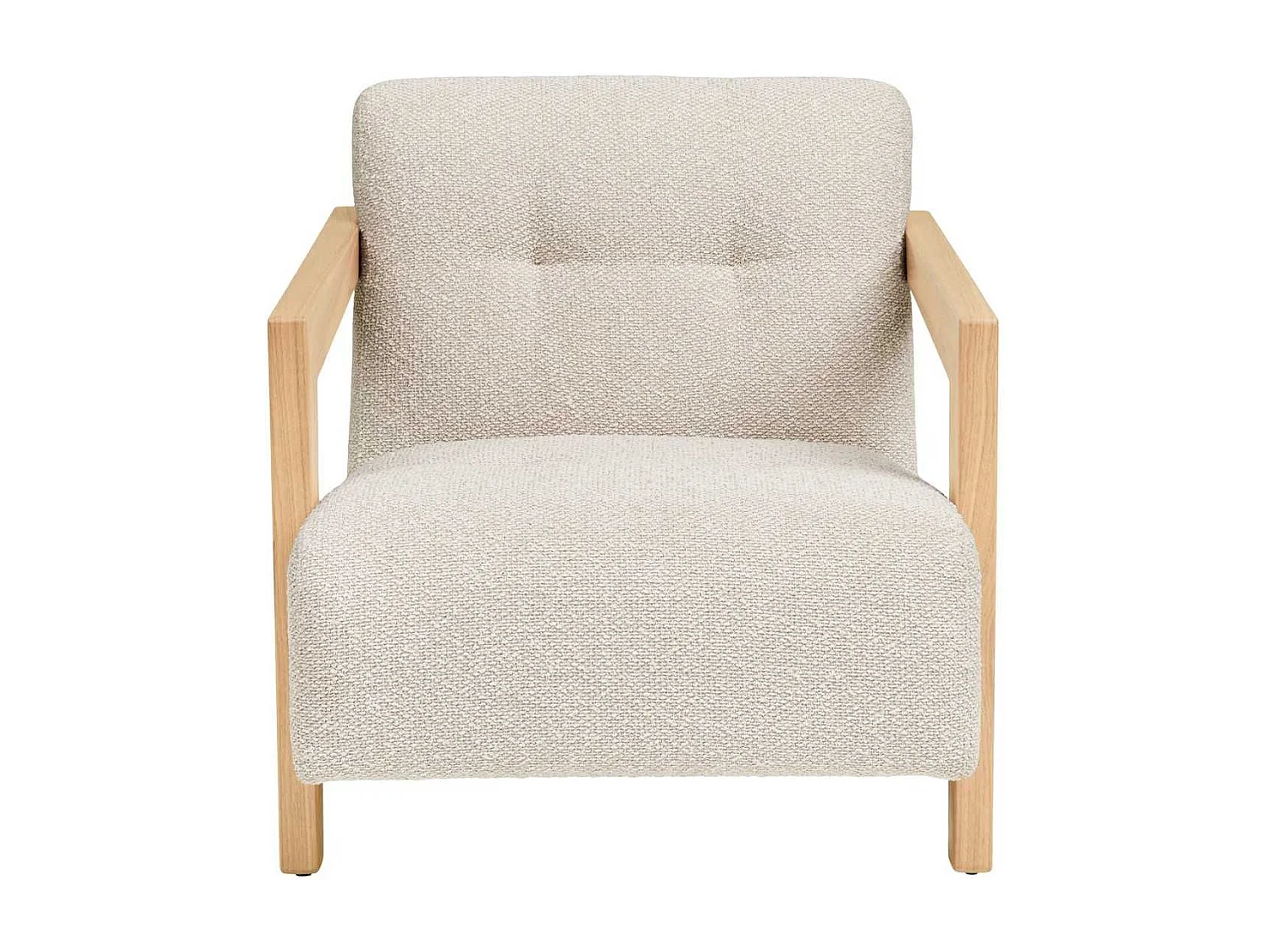 Fauteuil lounge vintage en tissu bouclette beige et accoudoirs en bois - FERNAND