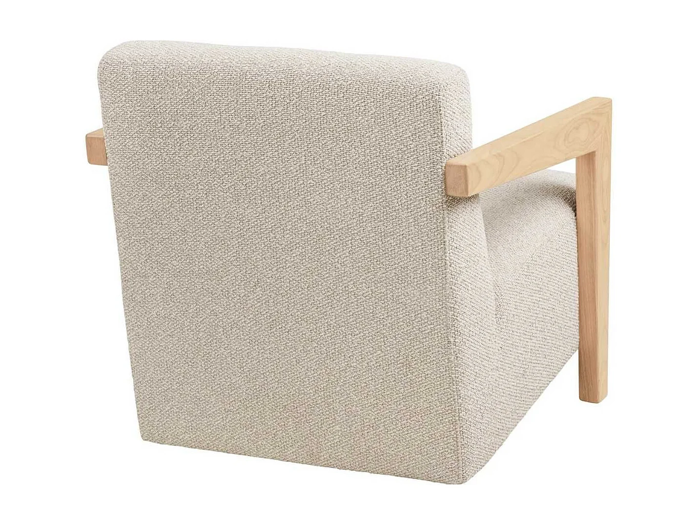 Fauteuil lounge vintage en tissu bouclette beige et accoudoirs en bois - FERNAND